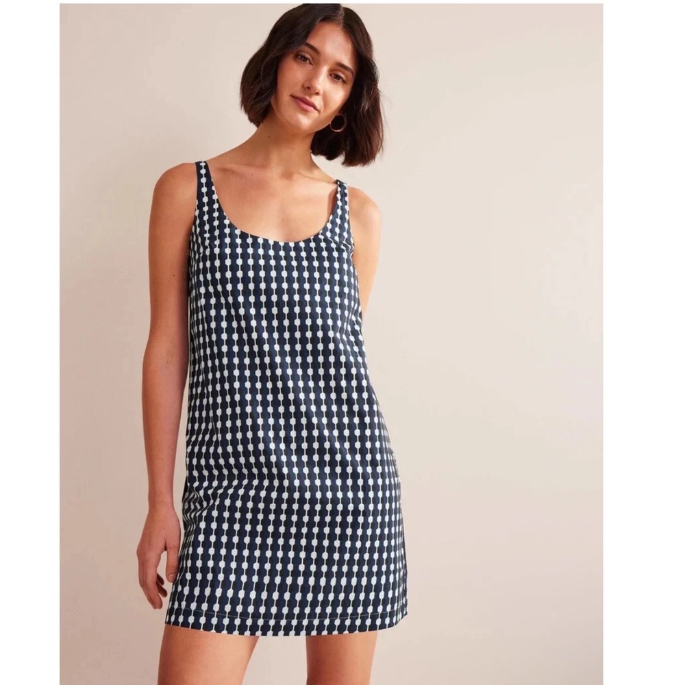 Boden Women's Cotton Scoop Neck Mini Shift Dress Geo Azure Print Sleeveless SZ 2